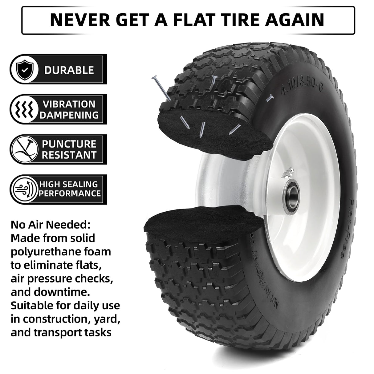 AR-PRO (2 Pack) 4.10/3.50-6 Flat Free Tire and Wheel, Solid Tire with Steel Rim, 3" -6.25 Centered Hub, 3/4" Bearing with 5/8" Adapter, for Wheelbarrow, Hand Truck & Utility Equipment
