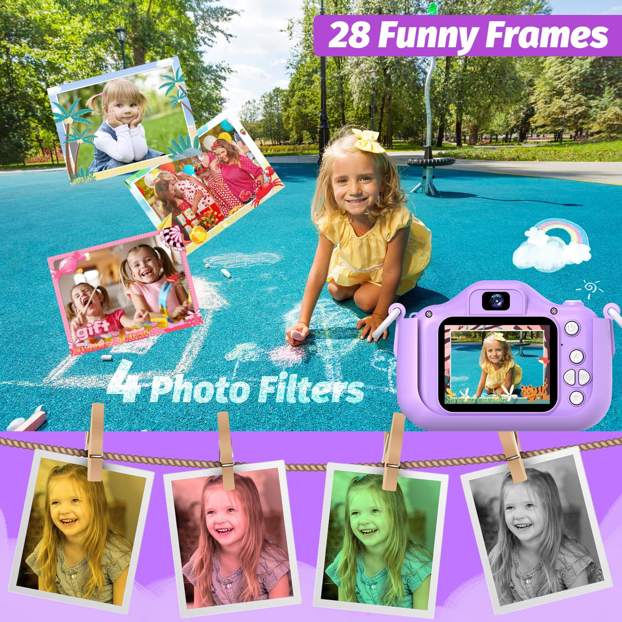 Goopow Kids Selfie Camera Toys for Girls Age 3-9, Digital Video Camera Toy with Protective Cover,Christmas Birthday Festival Gifts for 3-9 Year Old Girls Boys- 32GB SD Card Included (DC-H21-PURPLE)