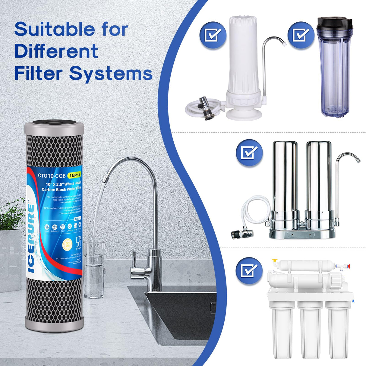 ICEPURE 1 Micron 10" x 2.5" Whole House Upgraded Coconut Shell Activated Water Filter Lead Remove Filter Cartridge Replacement for WFPFC8002, SCWH-5, WHCF-WHWC, FXWTC, CTO10-CQB, RO Unit, 3PACK