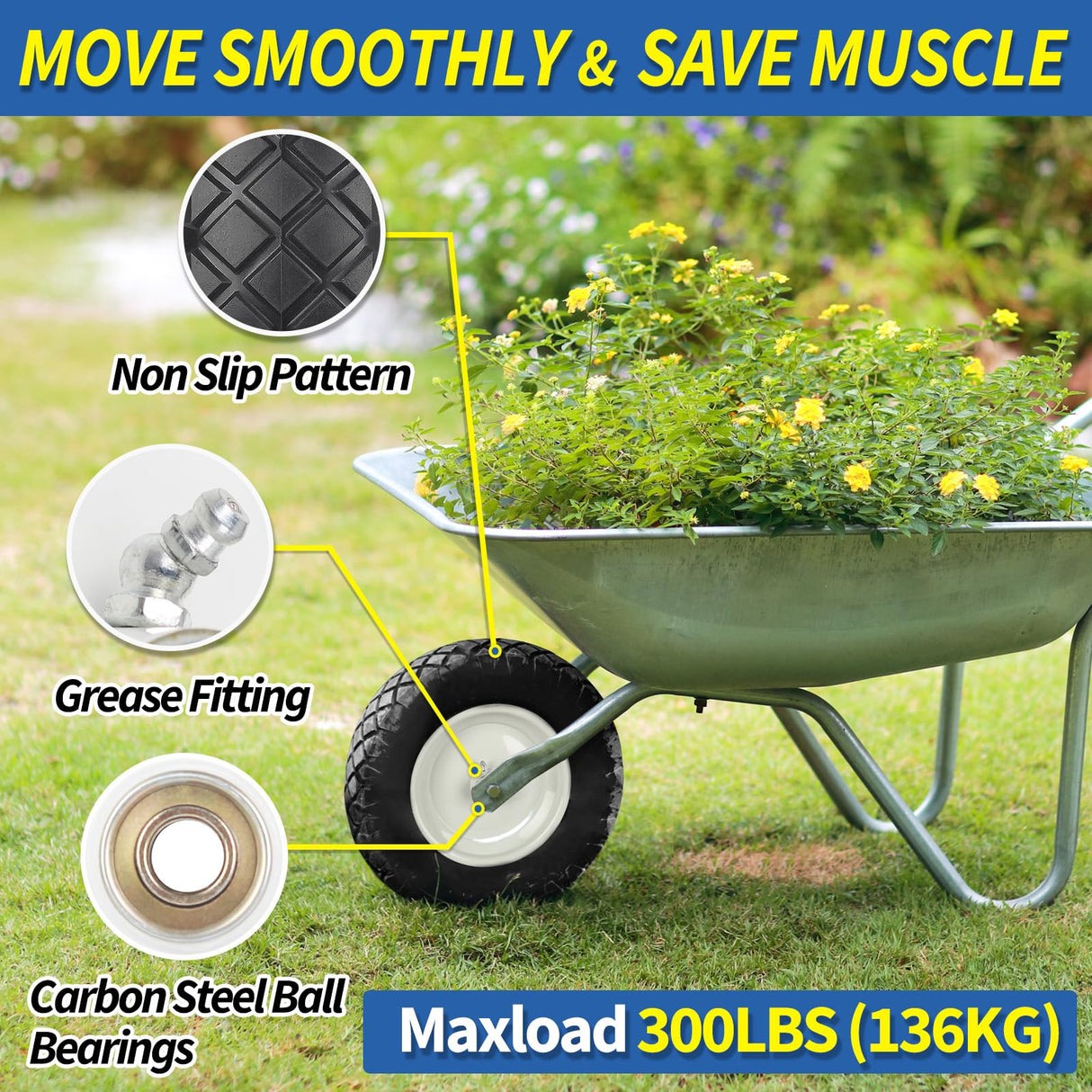 GICOOL 4.80/4.00-8" Wheelbarrow Tire, 16" Flat-Free Solid Tire and Wheel, 3" Centered Hub, 5/8" Axle Bore Hole, for Garden Wagon Cart Trolley Dolly Lawn Mover Go Kart Replacement (2 Pack)