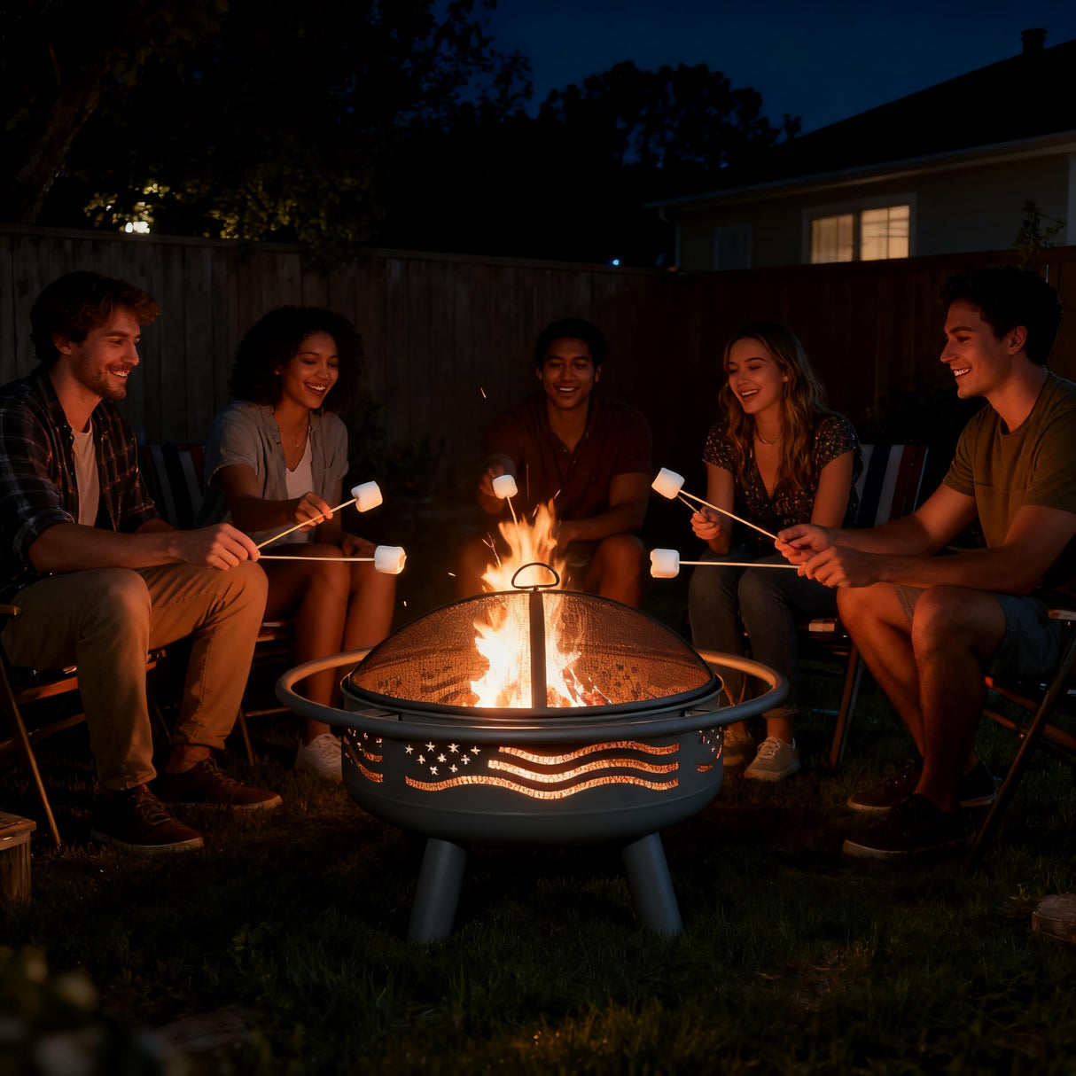 Breezz 32 Inch American Flag Fire Pit with Mesh Cover & Poker, Round Metal Wood Burning Outdoor Firepit for Patio, Garden, Backyard, Bonfire, Ideal for 4th of July, Memorial Day, Christmas