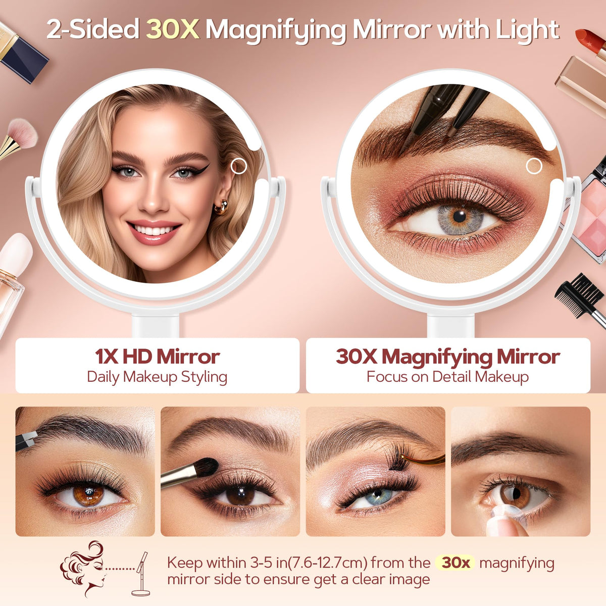 B Beauty Planet Makeup Mirror, Double-Sided Lighted Magnifying Mirror 30X