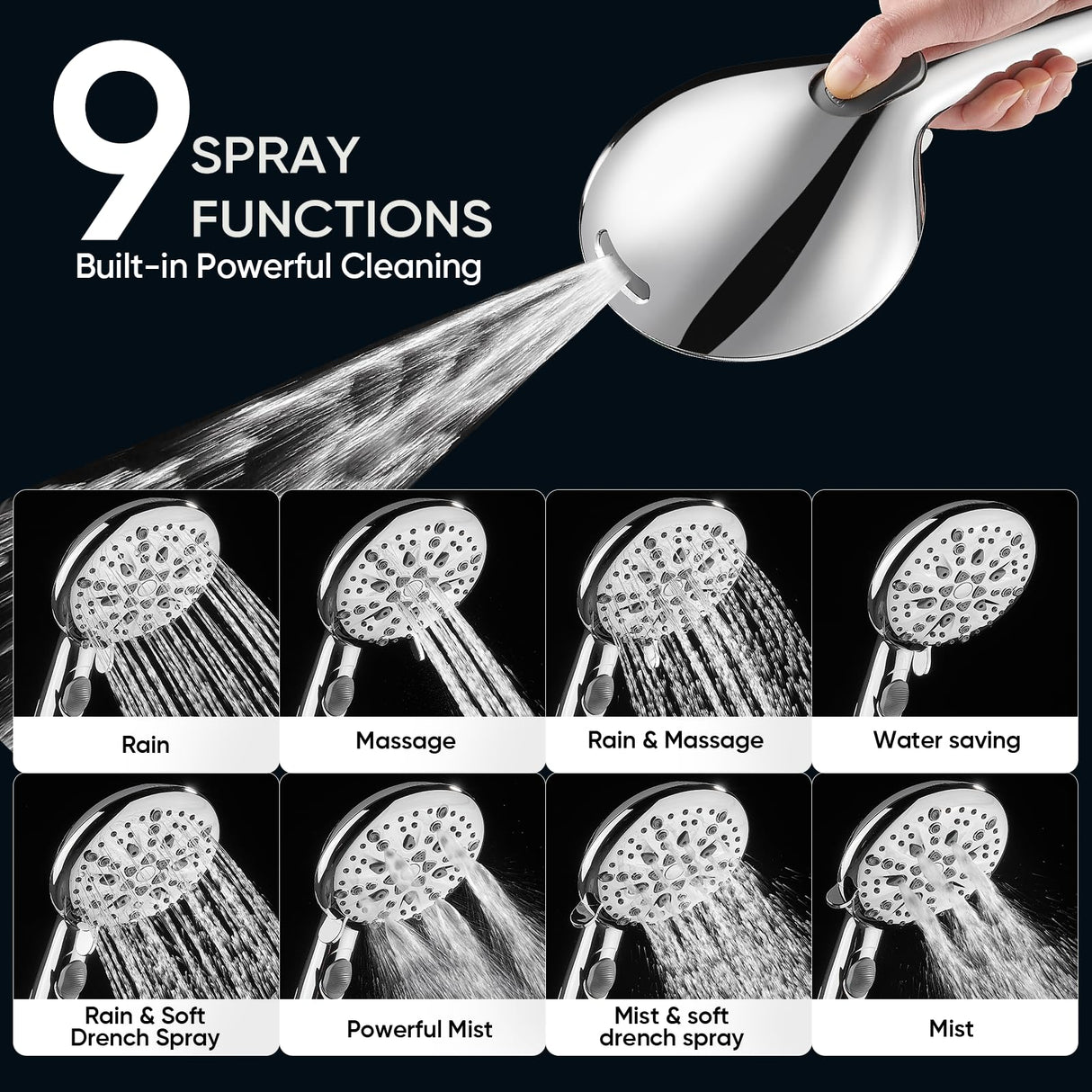 Cobbe 9-Function Shower Head with Built-in Power Spray, 1.8 GPM Water Saving ON/OFF Toggle Switch, High Pressure Handheld Showerhead with 1-Click Pause Button, Brass Bracket & 6ft Hose, Chrome
