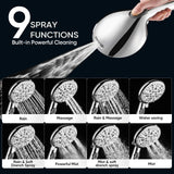 Cobbe 9-Function Shower Head with Built-in Power Spray, 1.8 GPM Water Saving ON/OFF Toggle Switch, High Pressure Handheld Showerhead with 1-Click Pause Button, Brass Bracket & 6ft Hose, Chrome