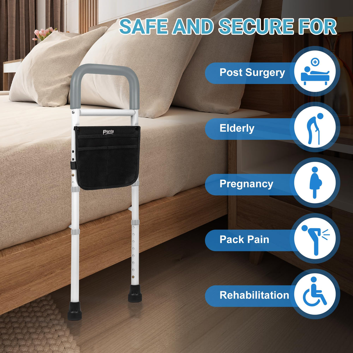 Panta Bed Rails for Elderly Adults Safety, Adjustable Bed Assist Rails for Seniors, Bed Side Rails with Support Legs and Storage Pocket, Portable Bed Cane Fit King, Queen, Full, Twin Bed, Grey
