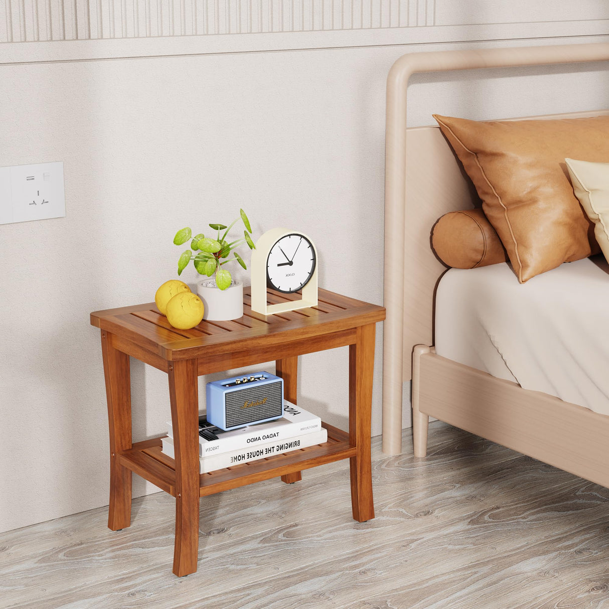 Greenual Teak Wood Shower Bench Stool with Storage Shelf, Wooden Waterproof Bathroom Spa Bathing Teak Shower Stool with Non-Slip Feet Gadget 2024 for Indoor or Outdoor Shower Chair Seat Organizer