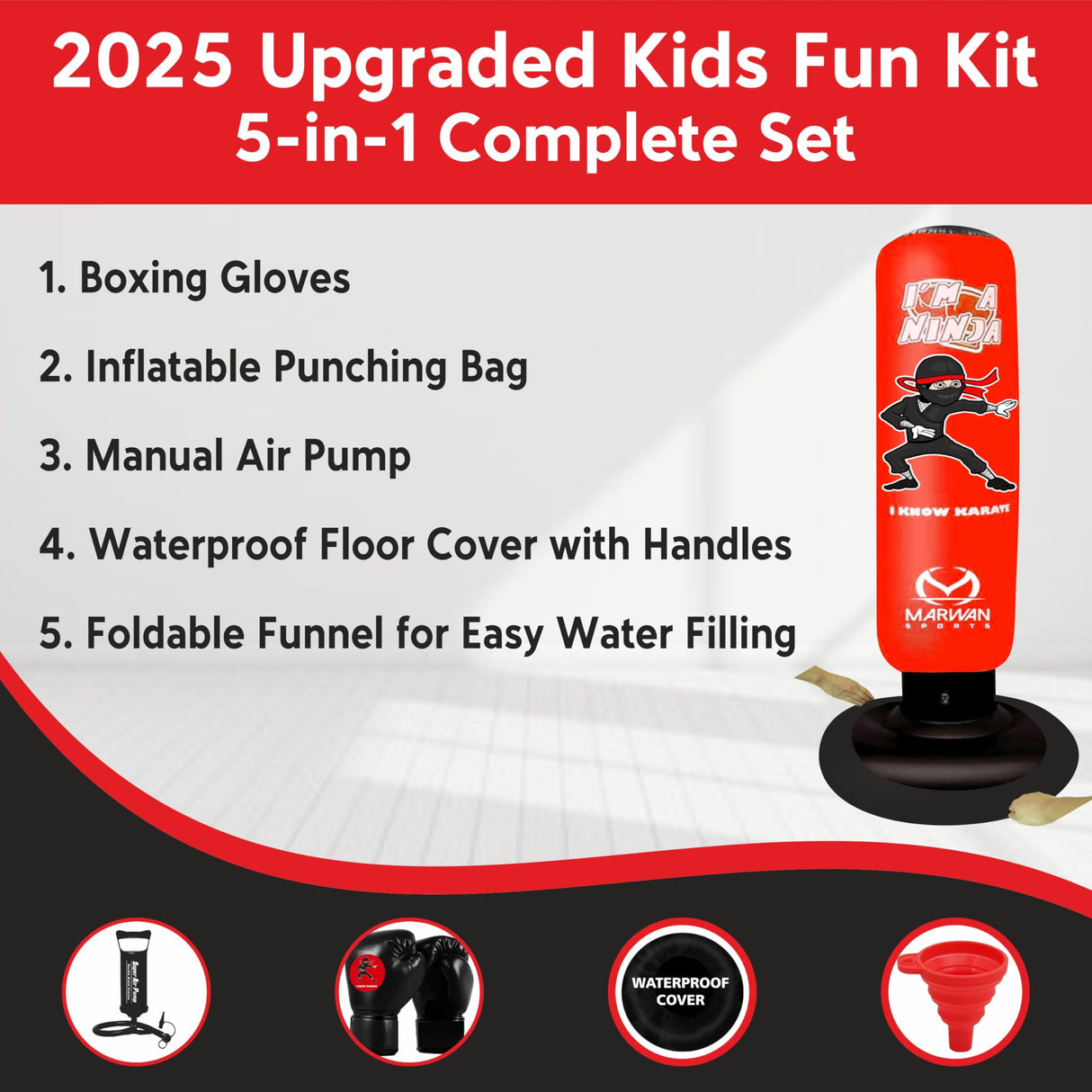 Marwan Sports Kids Punching Bag Toy Set, Inflatable Boxing Bag Toy for Boys Age 3-12, Ninja Toys for Boys, Christmas,Birthday Gifts for Kids 4,5,6,7,8,9,10 Years Old (Red Ninja)