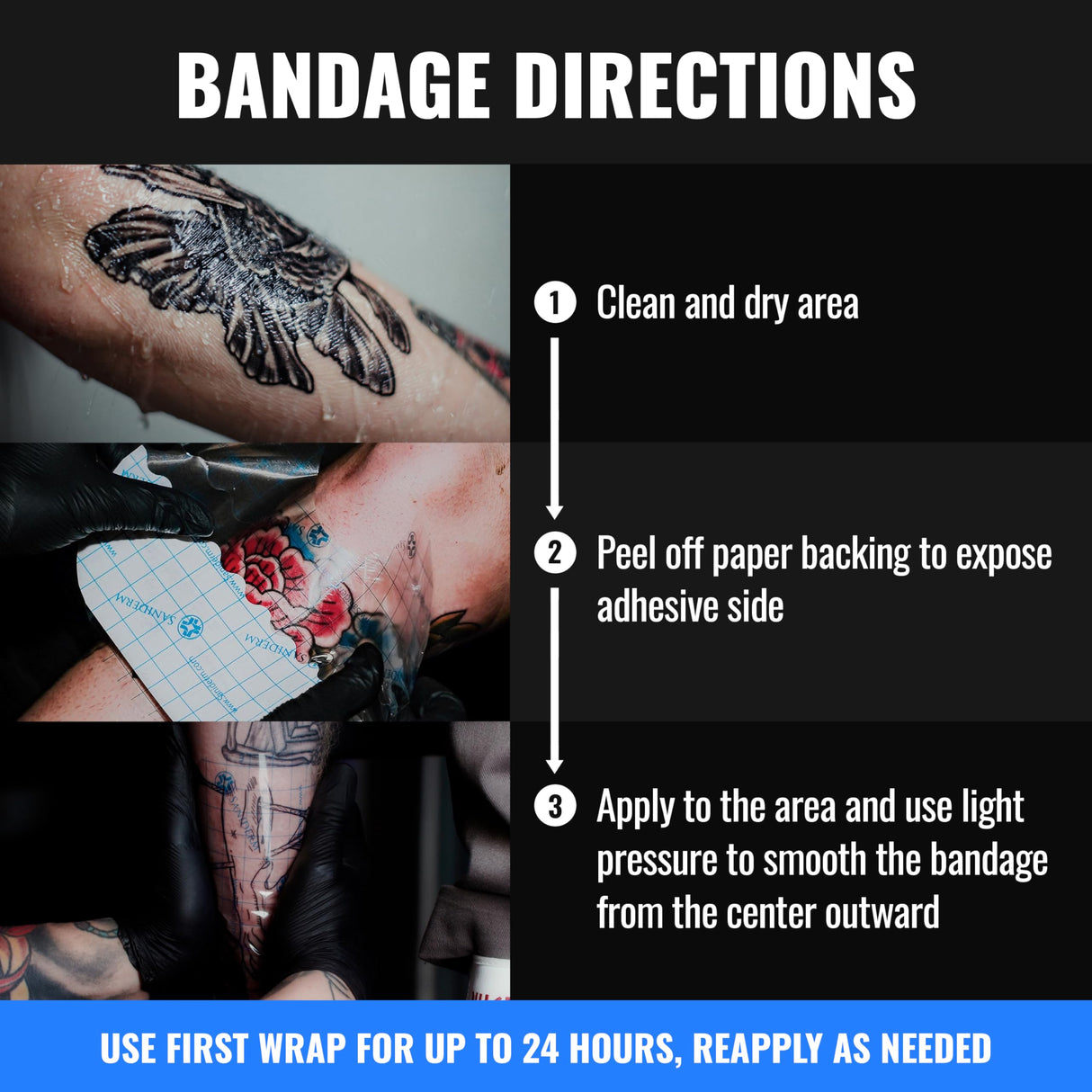 Saniderm Tattoo Aftercare Bandage 3 Sheets (Large Pack, 8 in x 10 in) – Convenient, Faster Tattoo Healing and Protection – Sterile, Waterproof, and Latex-Free