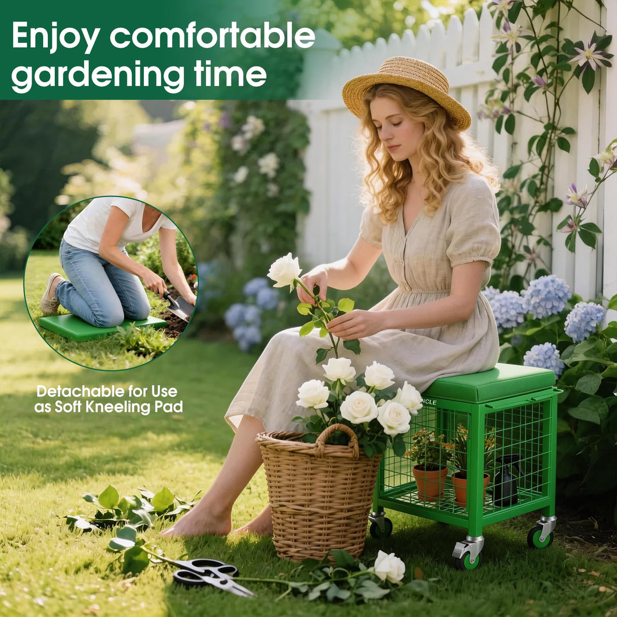 TITIUNCLE Rolling Garden Work Seat with Wheels, 500 Lbs Garden Cart with Seat, Heavy Duty Metal Rolling Garden Stool with Wheels for Seniors, Lawn, Patio, Backyard Gardening Outdoor Use 3 in 1, Green