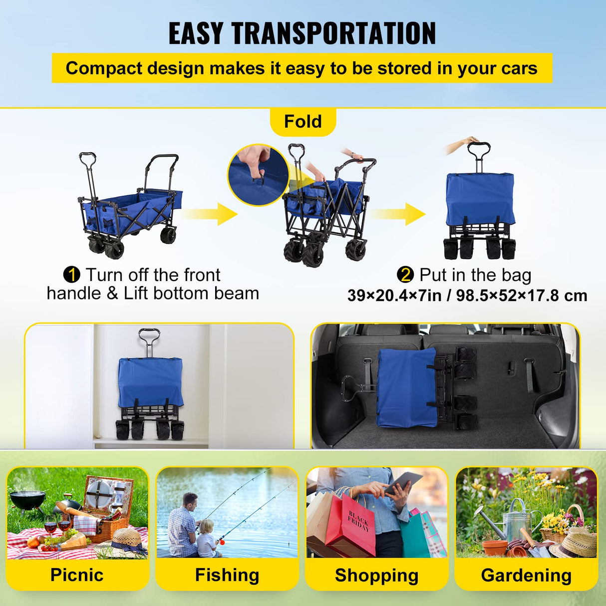 Happbuy Collapsible Wagon with Removable Canopy, 220lbs Heavy Duty Foldable Beach Wagon with Big Wheels