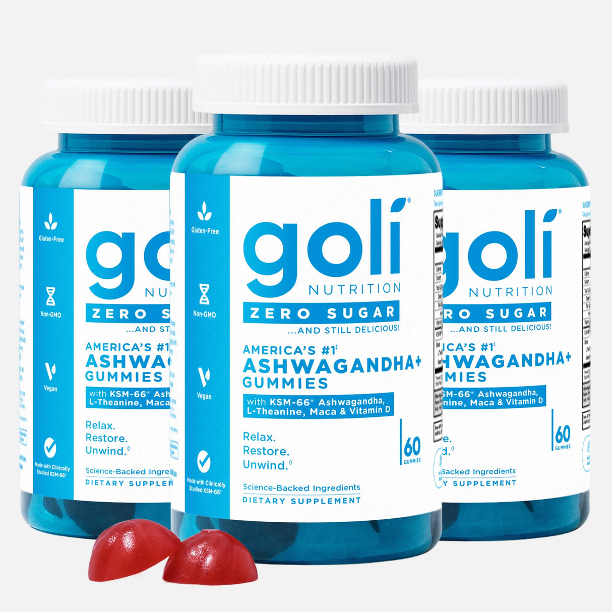 Goli Zero Sugar Ashwagandha & Vitamin D, Maca, L-Theanine Gummies, No Artificial Sweeteners, No Sugar Alcohols. Mixed Berry, KSM-66, Vegan, Plant Based, Non-GMO, Gluten-Free & Gelatin Free. (3)