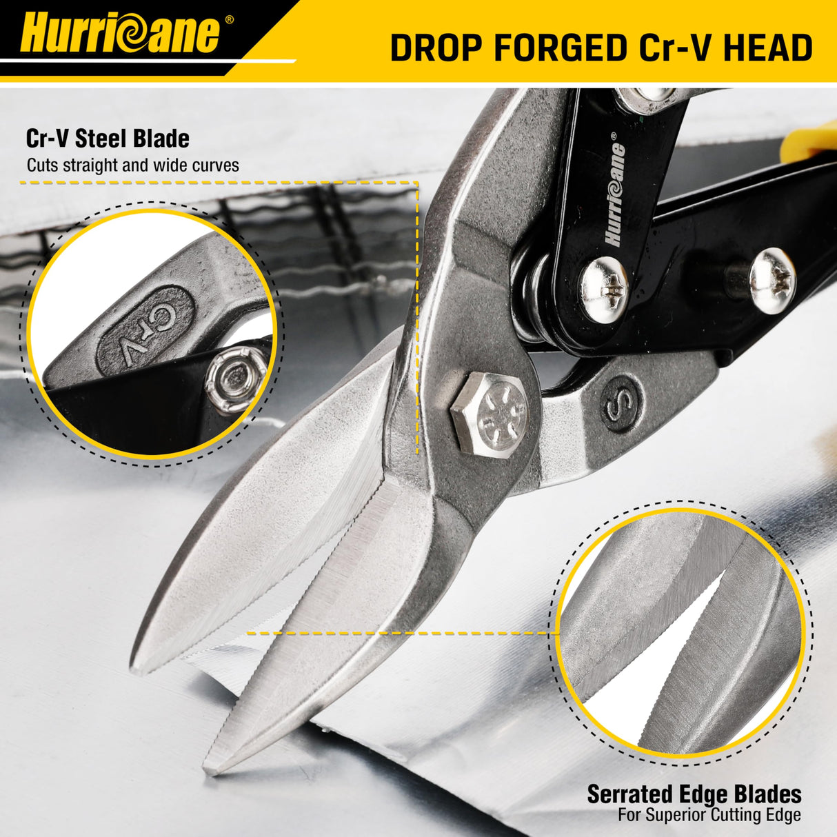 HURRICANE 3 pc Aviation Tin Snips Set, 10 Inch Metal Shears for Straight, Left & Right Curves, Cr-V Steel Blades, Non-Slip TyreGrip Handle, Safety Latch, for Sheet Metal, Gutter, HVAC, DIY