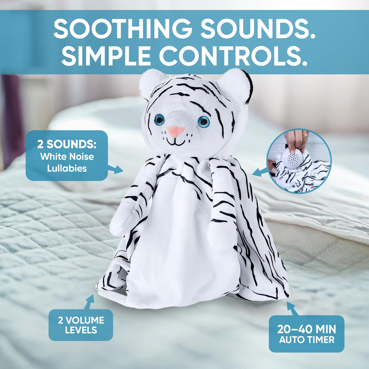 Love By Emi Sleep Soother White Noise with Heartbeat Tiger Plush & Lullaby, 4-in-1 Sound Machine, Security Blanket, Pacifier Holder, Baby Gift Registry Essential for Newborns, Infants & Toddler