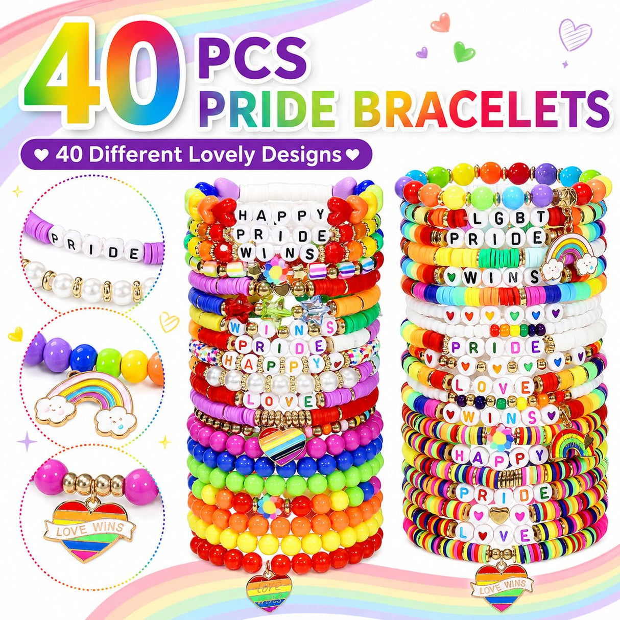 Shcsdr 40 Pcs Pride Bracelets for Women, Friendship Bracelet Bulk