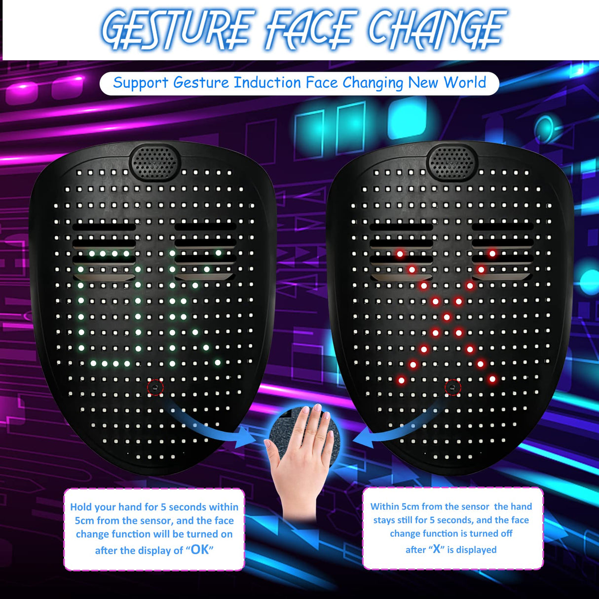 MOYACA Led Mask with Sound Effects and Gesture Sensing, Transforming Light up Music Mask with Voice for Halloween Rave Costume Christmas Cosplay Birthday Masquerade Dj Parties