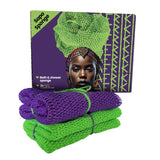 AFRIKI African Net Sponge, African Exfoliating Sponge, Black Owned, Exfoliating Washcloth, Body Exfoliator for Bath and Shower, Back Scrubber, Dead Skin Remover (Green, Purple, 1 Count (Pack of 2))