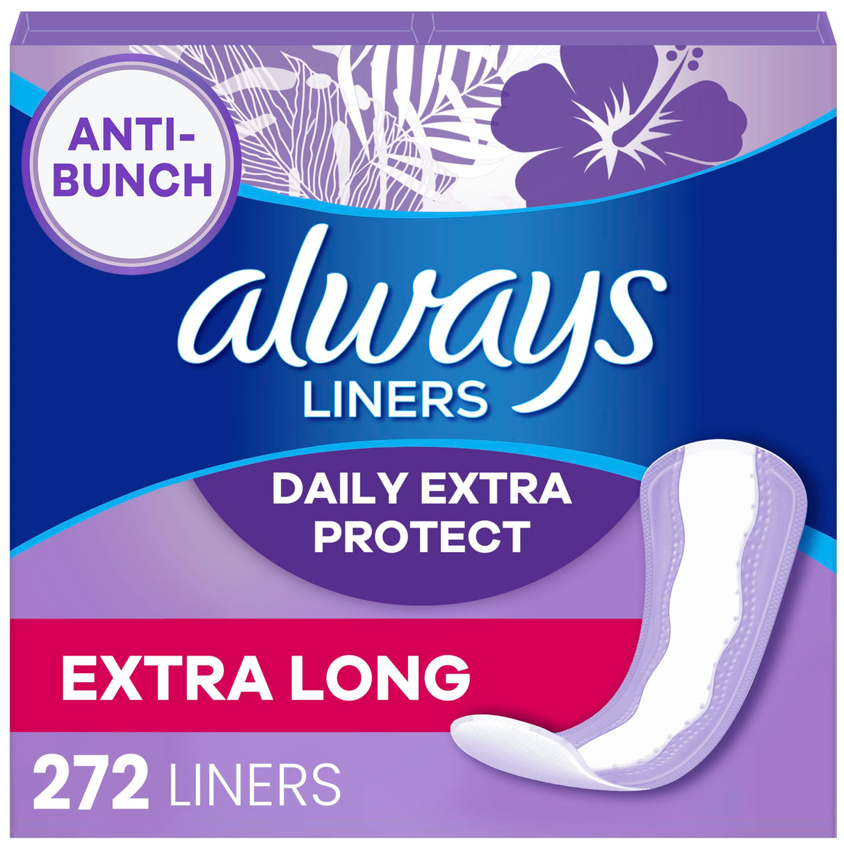Always Anti-Bunch Xtra Protection, Panty Liners For Women, Extra Long Length, Unscented, 68 Count X 4 Packs (272 Count Total) (Packaging May Vary)