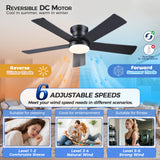 Ayaoty Ceiling Fans with Lights - 48" Black Flush Mount Ceiling Fan Light with 6 Speeds 3CCT Dimmable, Revesible Motor, Low Profile Fan Light for Modern Indoor Bedroom, Kitchen