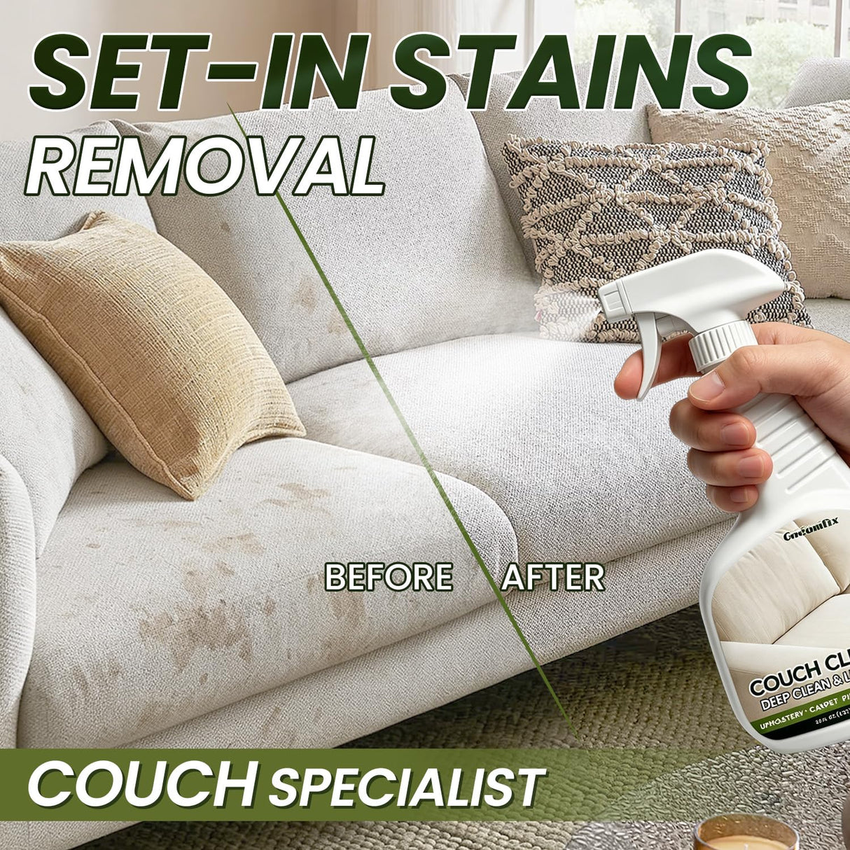 cocomfix Couch Cleaner Spray for Upholstery & Fabric – Stain Remover for Pet Stains, Old Spots, Coffee & Ink – Pet Friendly, No Rings, Quick-Drying – For Sofas, Chairs, Cushions & Area Rugs – 32oz
