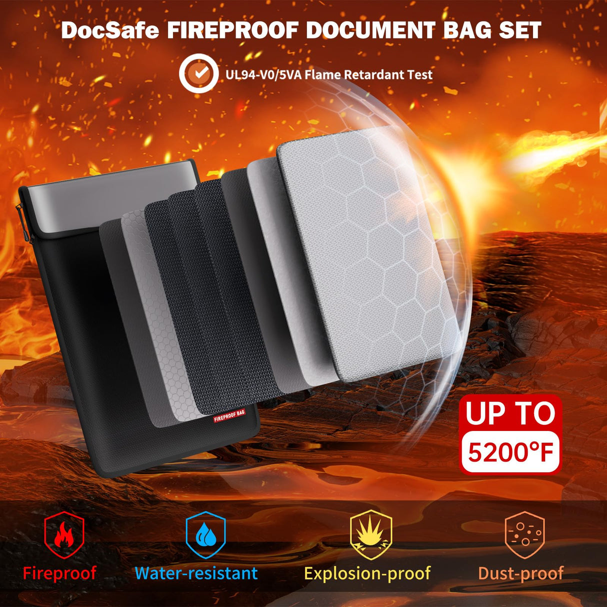 DocSafe Fireproof Document Bag (5200℉) with Fireproof Organizer Travel Case,Heat Insulated Fire＆Water Resistant 8 Layers Safe Money Bag Storage for Important Documents,Cash,Power Bank,Valuables,Black