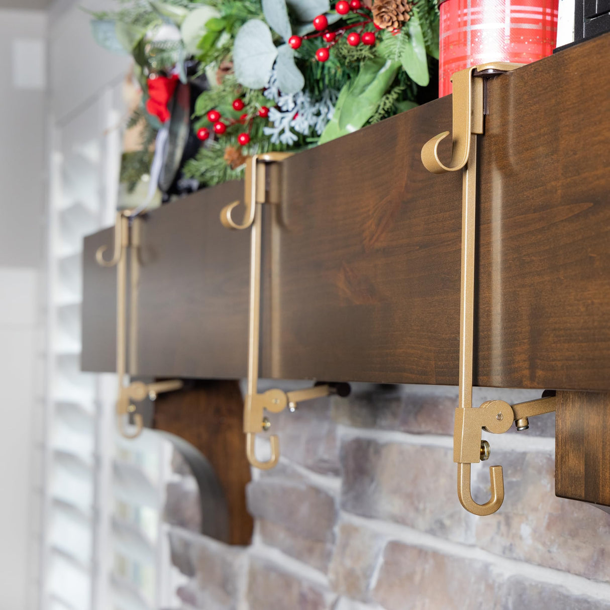 [Fireplace Stocking and Garland Hanger] - Patented Mantle Holder Has Two Hooks - Hold Christmas Stocking and Hang Garland - Durable Wrought Iron - Padded Contact Points (3 Pack - Gold)