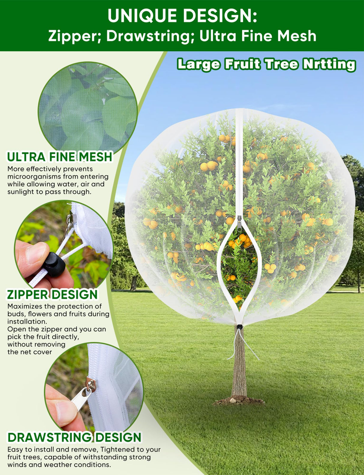 VITI Large Fruit Trees Netting Zipper - 2Pcs 10X10 FT with Drawstring Bird-Proof,Durable Mesh Covers for Blueberry,Apple,Pear,Peach,Orange Trees&Tomato Plants Bug Insect Protection Cover (2,10X10 FT)