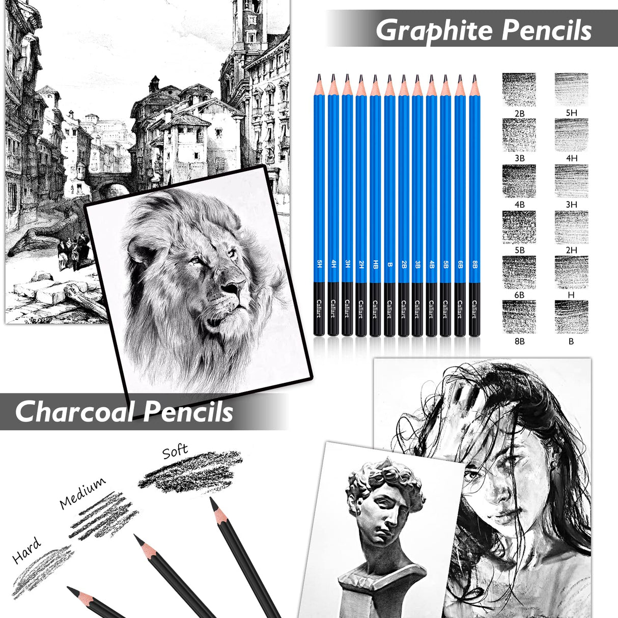 Caliart 176PCS Art Supplies Sketching Kit with 100 Sheets 3-Color Sketch Book, Graphite Colored Charcoal Watercolor & Metallic Pencils, Drawing Set Christmas Gifts for Adults Teens Girls Boys Kids