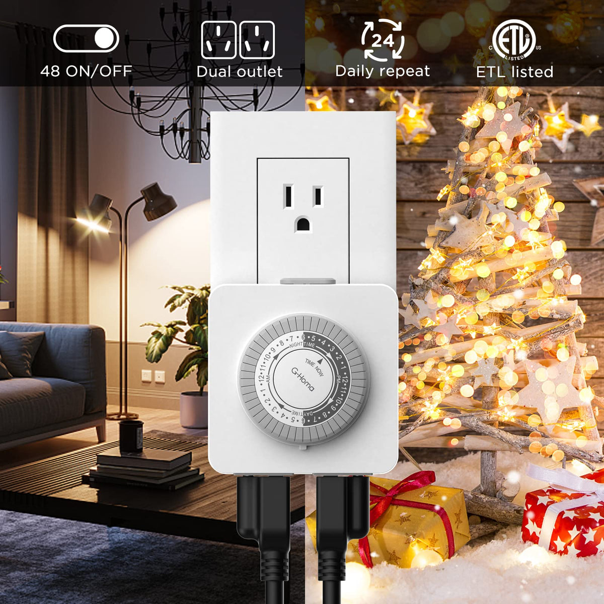 G-Homa Timer Outlet Electric Indoor with 2 Grounded Outlet,Plug-in 24-Hour Mechanical Timers,Daily On/Off Cycle,Energy Saving for Lamps, Seasonal, Christmas Lights and Holiday Decorations (2 Pack)