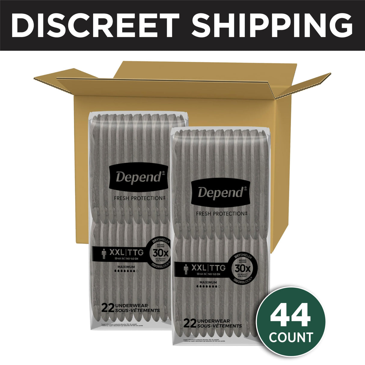 Depend Fresh Protection Adult Diapers, Incontinence Underwear for Men, Disposable, Maximum, Extra-Extra-Large, Grey, 44 Count (2 Packs of 22), Packaging May Vary