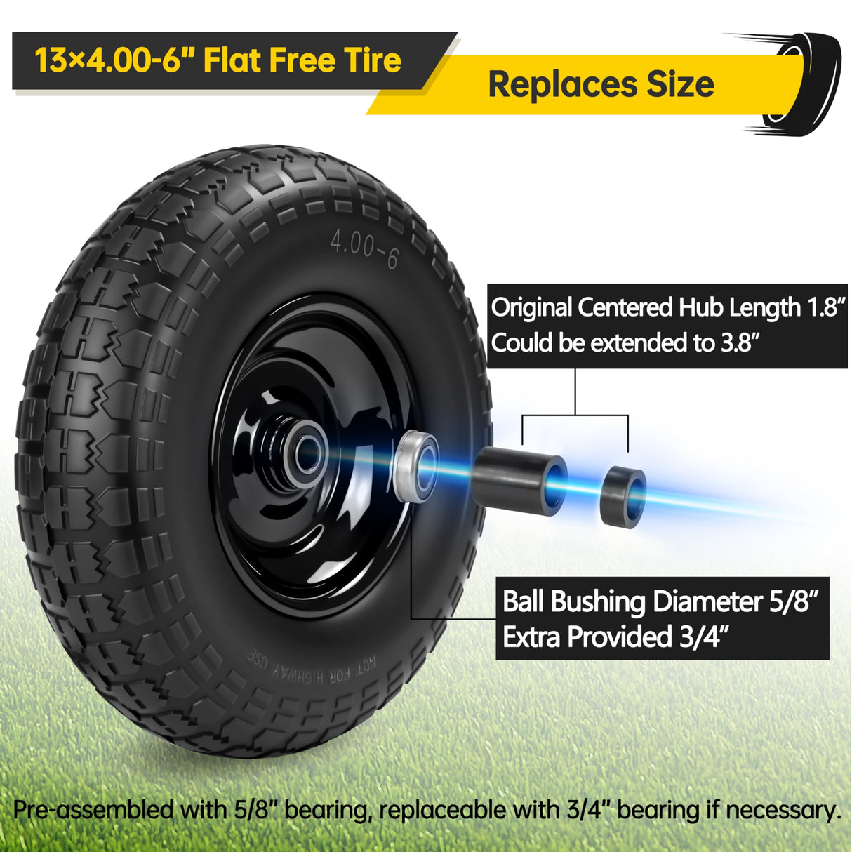 4Pc,13x4.0-6 Flat Free Tire and Wheel Replacement for Gorilla Cart,5/8"Axle