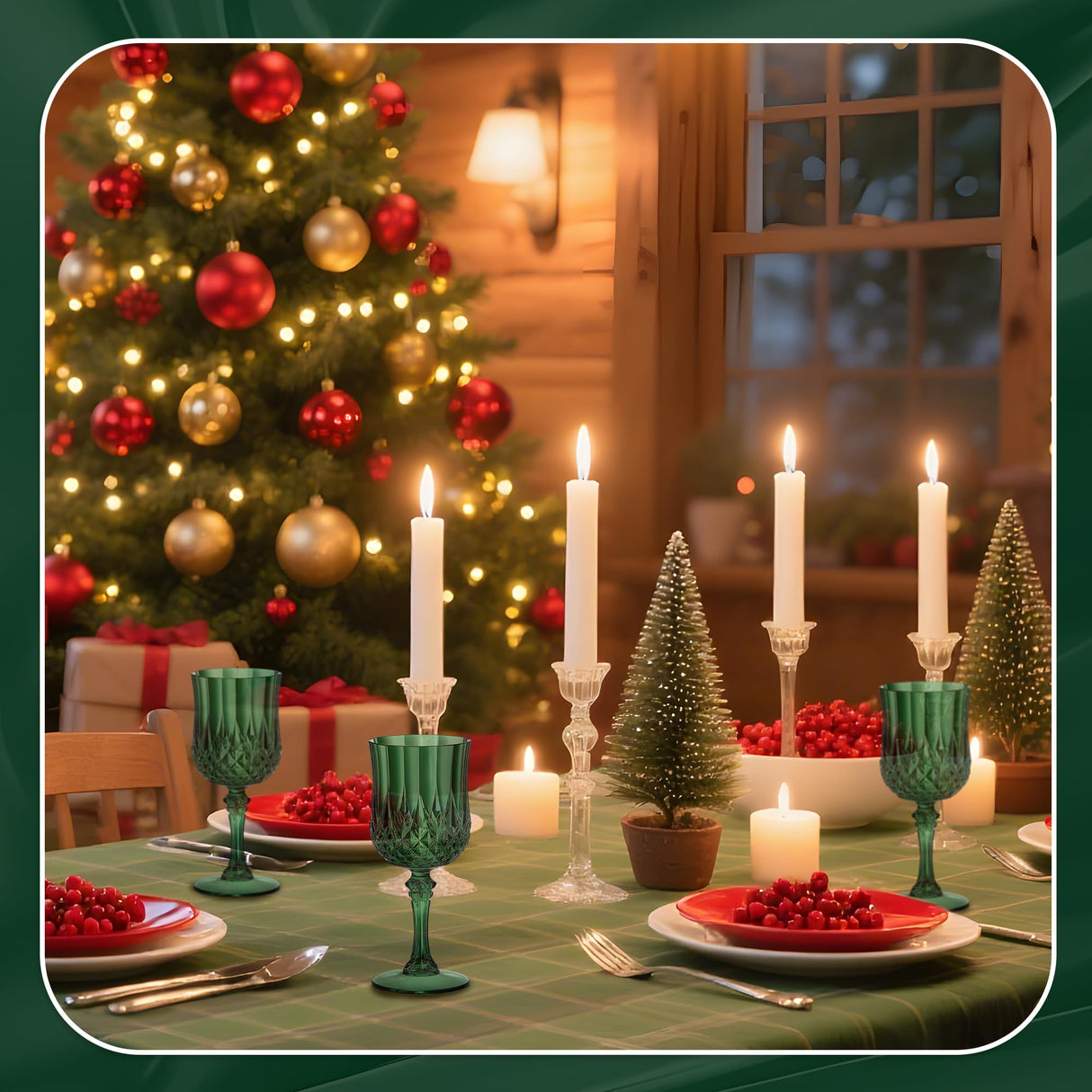 HTTBEIZI 24PCS 7OZ Dark Green Wine Plastic Glasses, Drinking Champagne Glasses Flutes Crystal Vintage Water Unbreakable Goblets for Christmas, Wedding, Parties