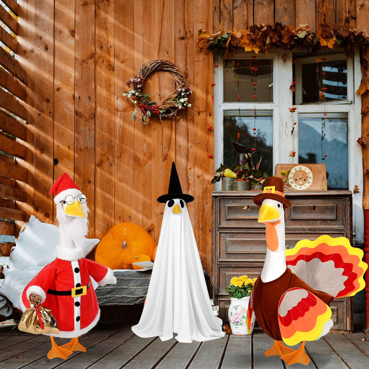 JcHrmers 3 Sets Porch Goose Outfits Halloween Thanksgiving Christmas Goose Outfit Lawn Porch Goose Clothes Fits 23" Cement Plastic Goose Statue for Outdoor Garden Yard Patio Statue Art Decor