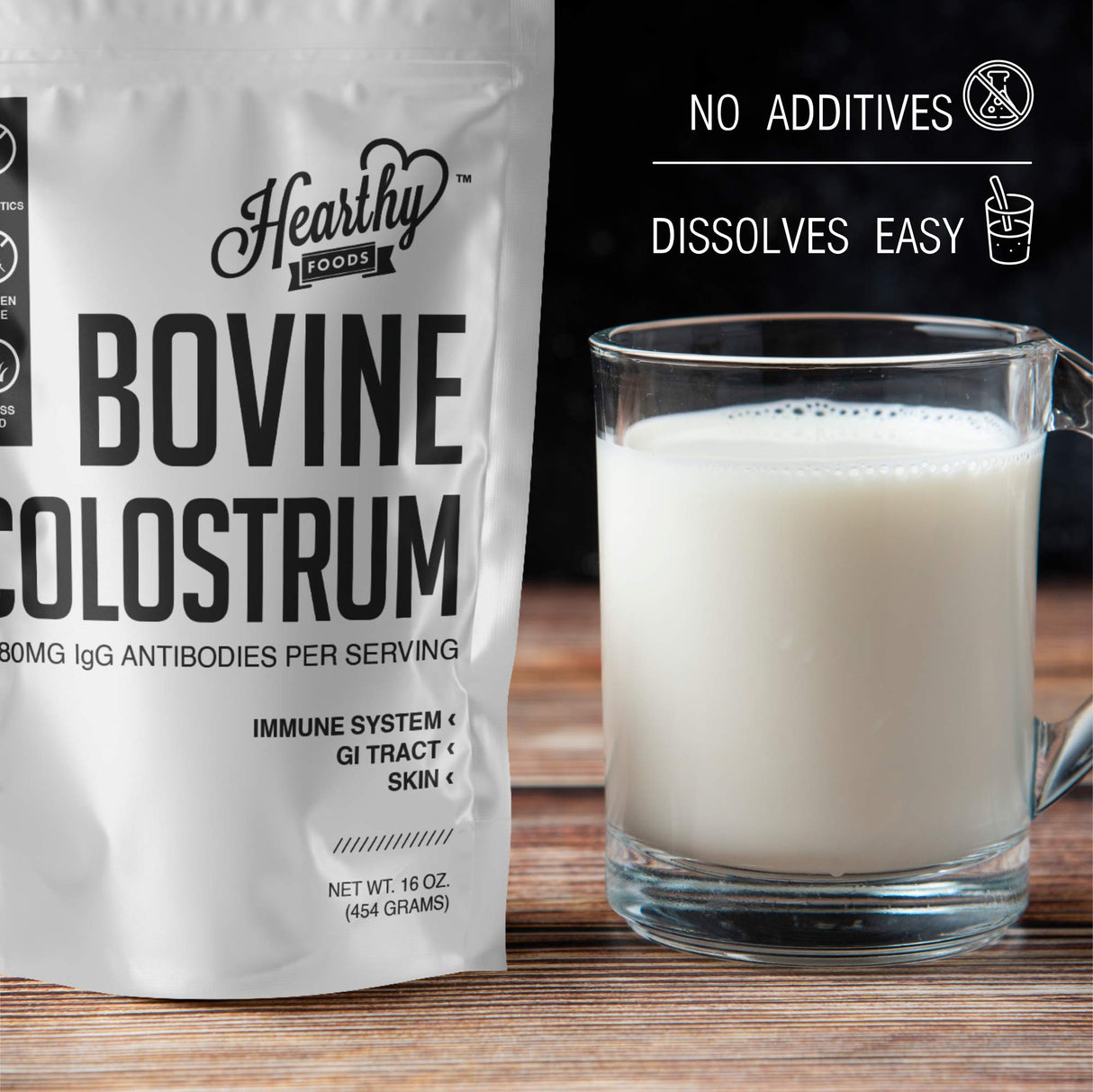 HEARTHY FOODS Bovine Colostrum Powder - Upto 30% IGG, 90 Servings, Leaky Gut Repair Supplements, Gut Health and Immune Support | Grass-Fed Halal Non GMO, Gluten Free 16Oz 454g