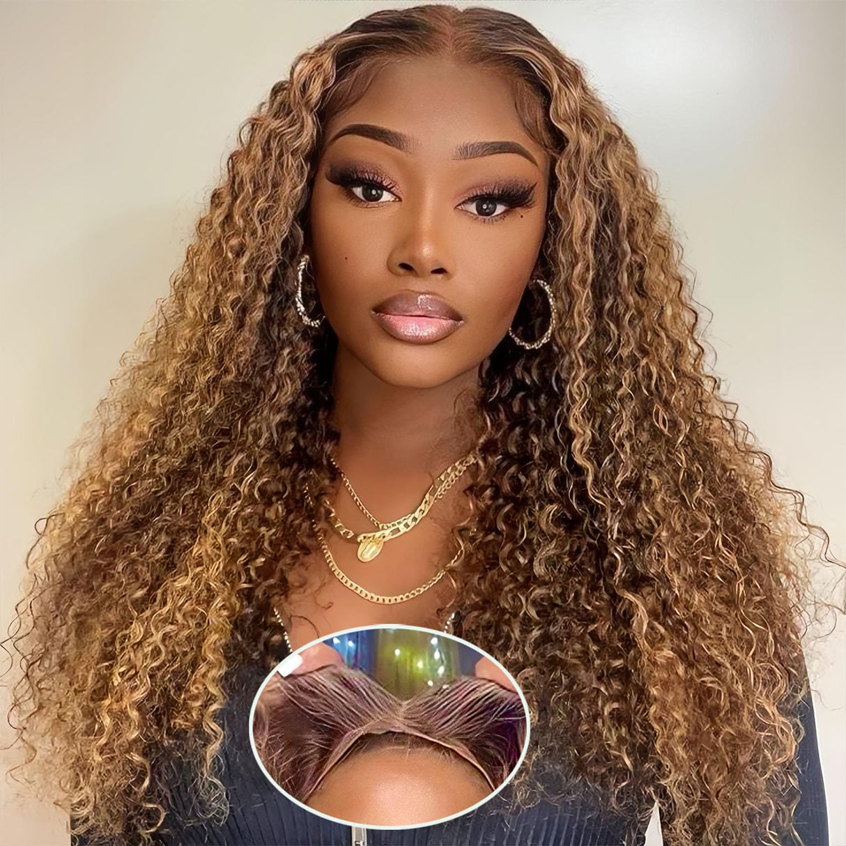 Highlight Ombre 4/27 Human Hair Wear and Go Glueless Wigs Deep Wave Curly Wet and Wavy Lace Front Pre Plucked Pre Cut 5x5 HD Lace Closure Wigs for Black Women (highlight ombre 4/27, 22 Inch)
