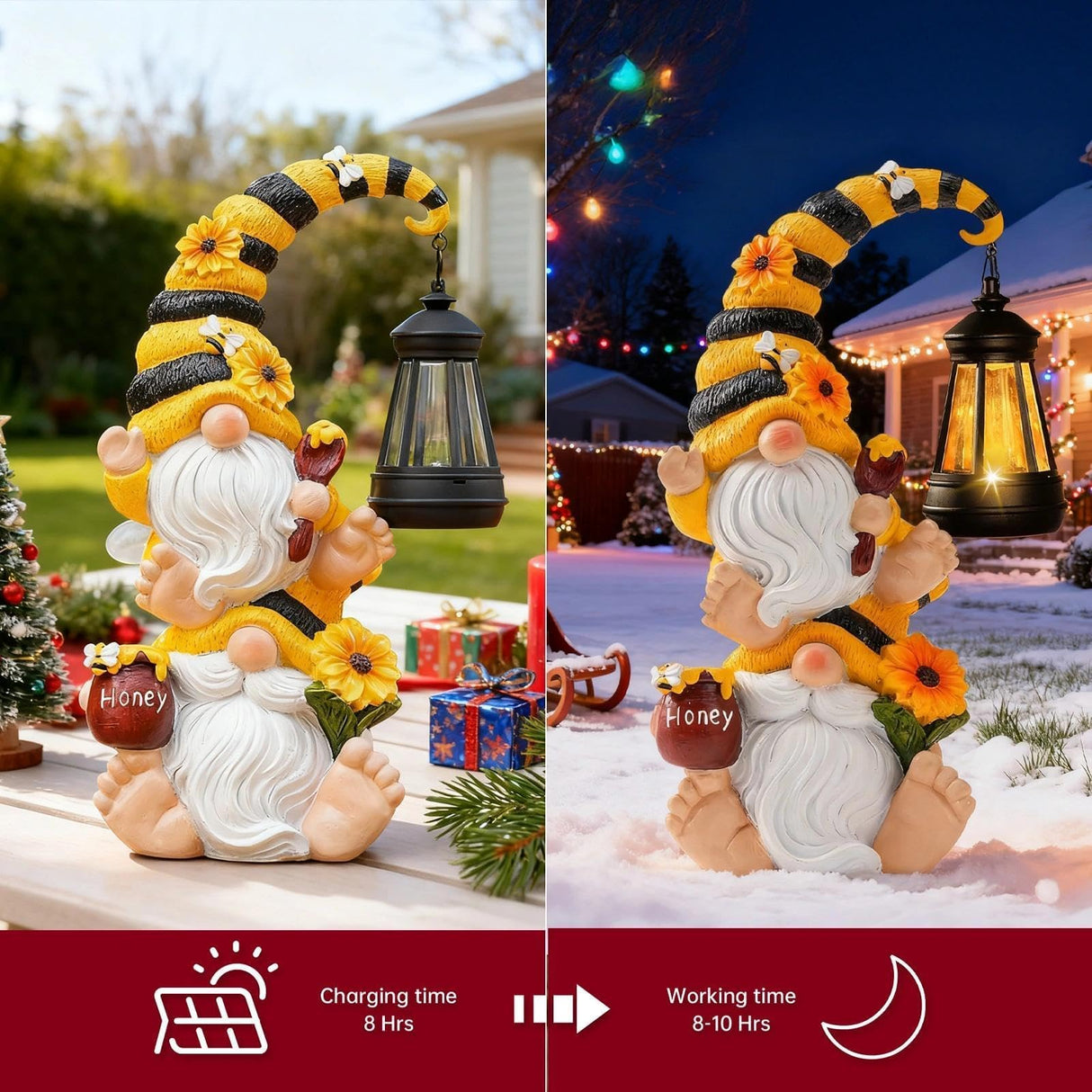 QZZP Solar Bee Garden Gnomes with LED Lantern – Waterproof Stacked Outdoor Decor for Yard, Patio – Unique Gnome Gift for Women, Mom, Grandma (Christmas Decor, Outdoor Statues)