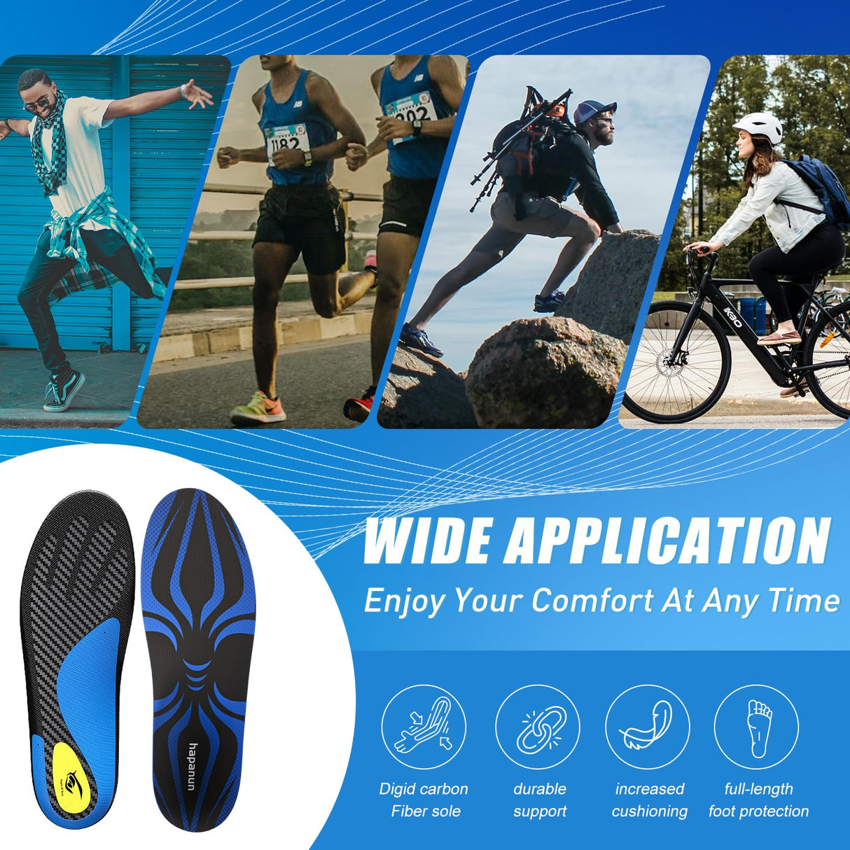 HAPANUN Carbon Fiber Insole with Arch Support for Long Periods of Standing, Jogging, Hiking and Other Outdoor Sports, as Well as a Work Boot Insole. (Blue, M：10.5/11丨W：11.5/12（300mm）)