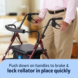 Medline Large Steel Bariatric Rollator Walker with Adjustable Handles, Padded Seat & Backrest, Burgundy, 500 lb. Weight Capacity, Foldable, Under Seat Storage, 8" Wheels, Rolling Walker For Seniors & Adults