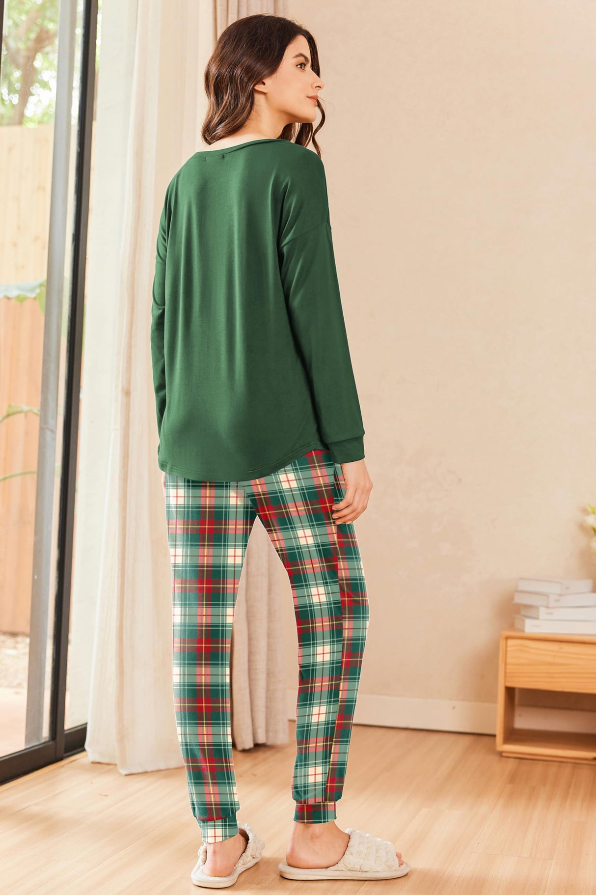 Ekouaer Womens Pajamas Set Long Sleeve Christmas PJ Sets Soft Lounge Set for Women Sleepwear Joggers with Pockets Green Plaid