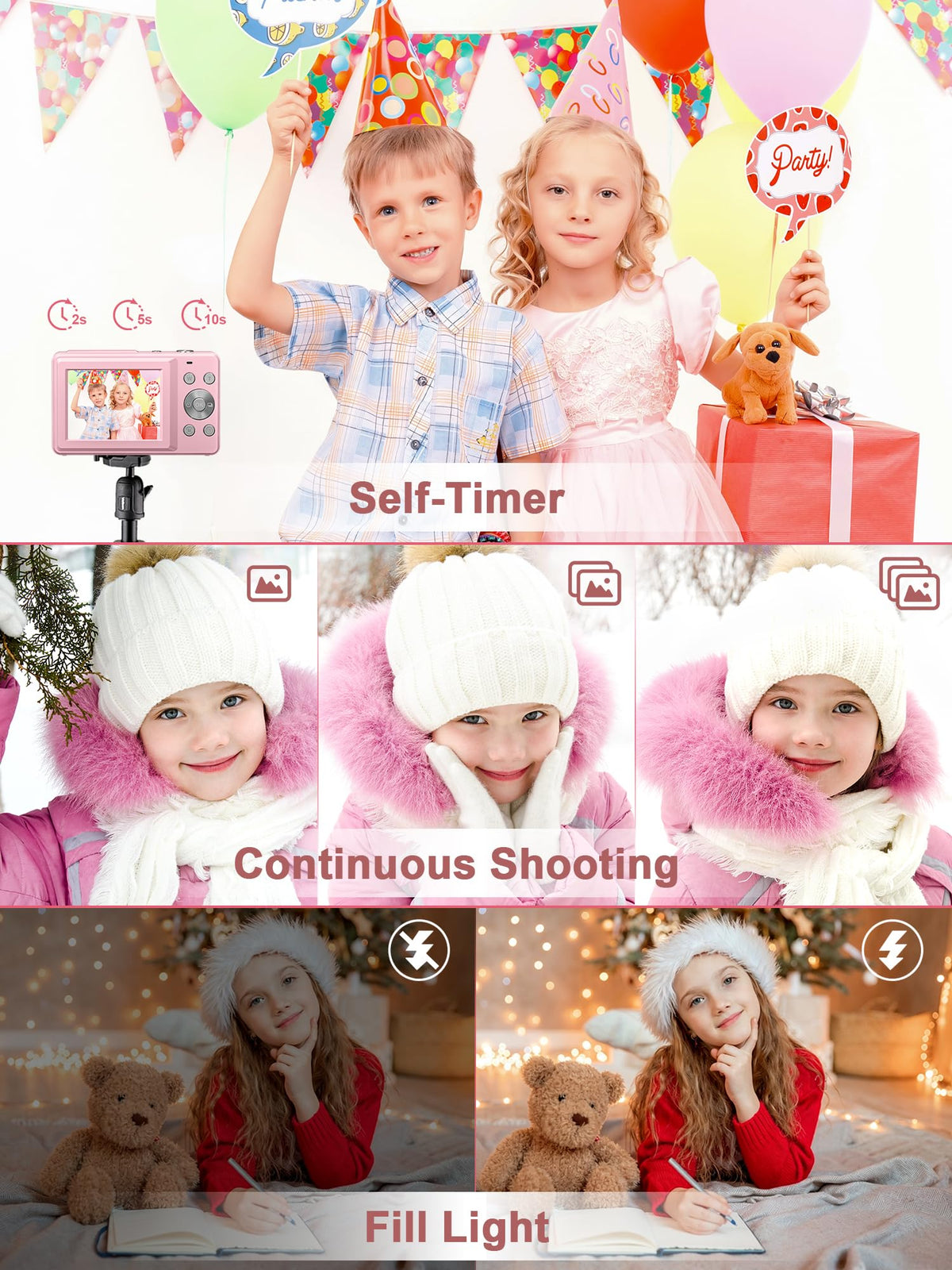 Camkory Digital Camera FHD 1080P with 32G Card 16X Zoom Easy for Kids Pink