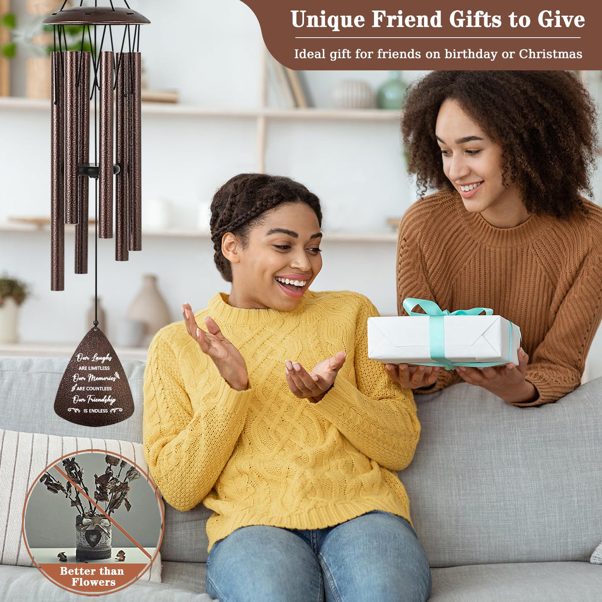 Soopau Gifts for Best Friend Women Men, 32" Bronze Wind Chimes Friendship Gifts, Bestie Gift for Women, Christmas Birthday Gift Idea for Bestfriend BFF