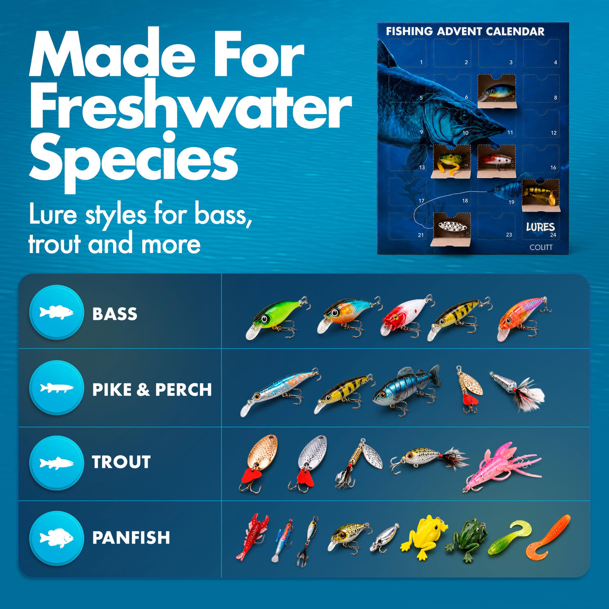 Colitt Fishing Advent Calendar 2026, 24 Real Fishing Lures & Tackle Gift