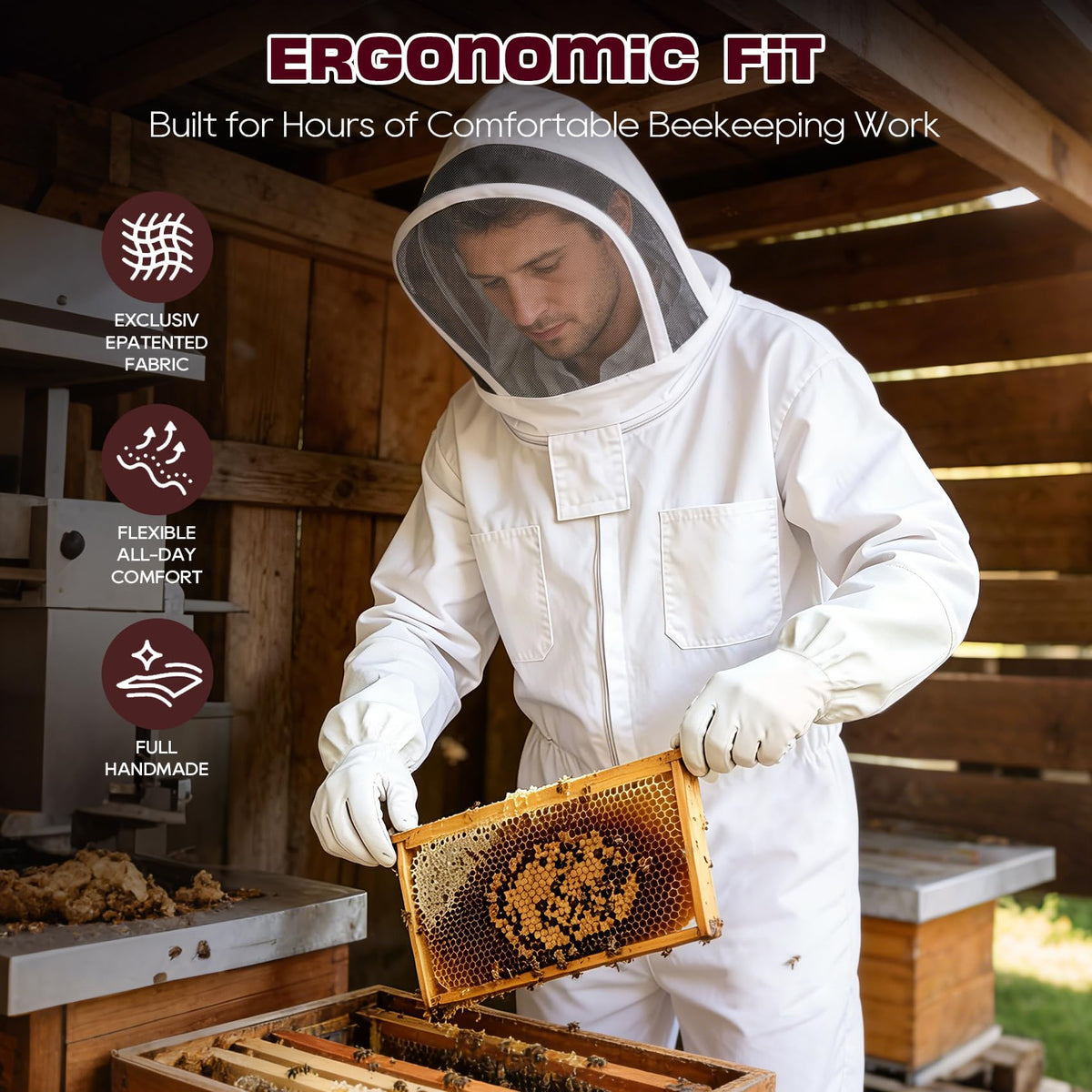 LONGADS Bee Suit for Men, Full Body Beekeeper Suit with Gloves and Veil L