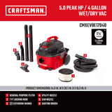 CRAFTSMAN CMXEVBE17040 4 Gallon 5.0 Peak HP Wet Dry Shop Vacuum