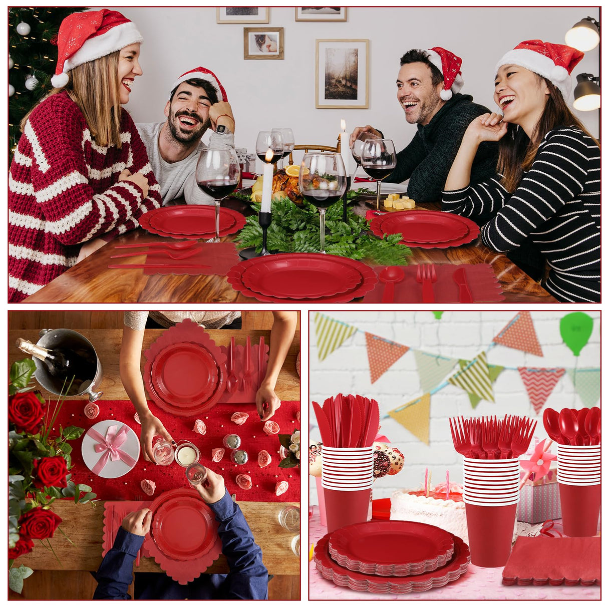 Xiangqu 175 Pcs Red Plates and Napkins, 25 Guest Red Party Supplies Include Christmas Plates and Napkins Cups Plastic Spoons Forks Knives for Birthday, Christmas, Picnic