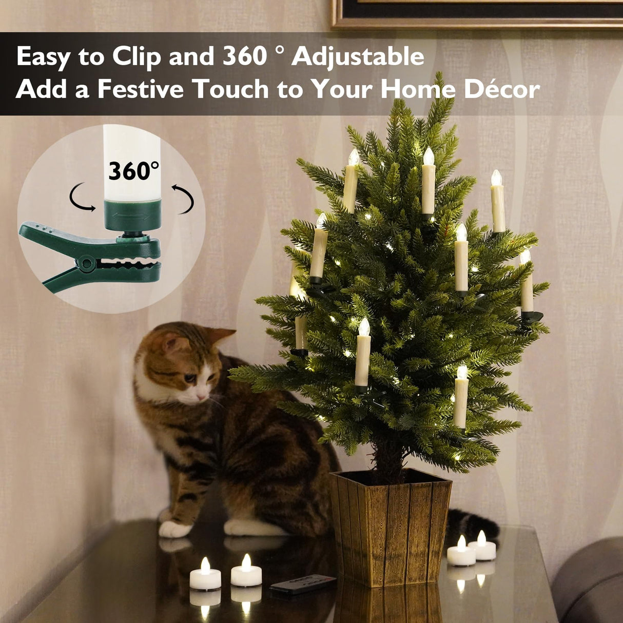 Rhytsing Set of 20 Clip On Candles for Christmas Tree with Remote, Battery Operated LED Candle Lights with Timer, Wax Dripping Design, Indoor and Outdoor use