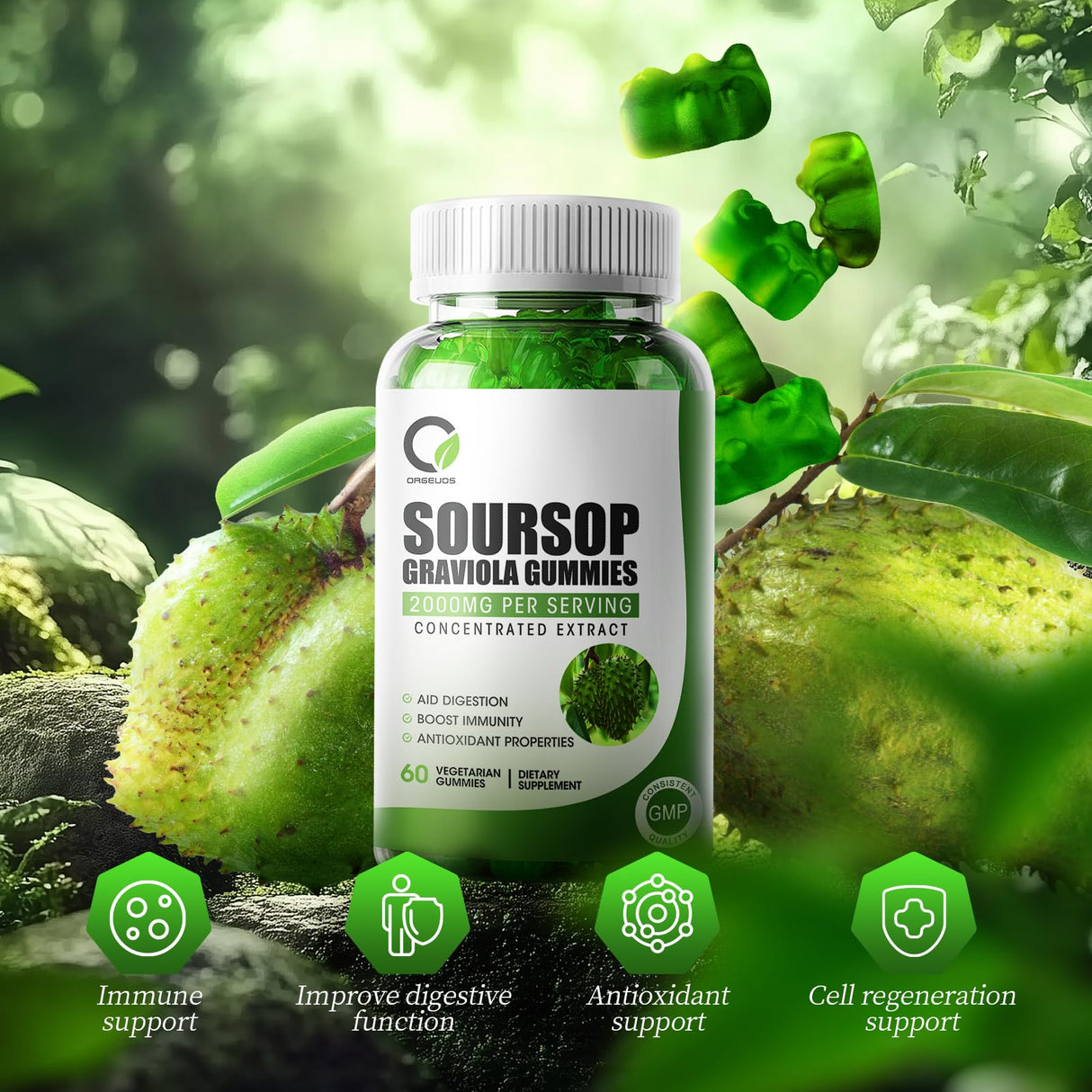 ORGEUOS Soursop Graviola Gummies, Organic Soursop Leaves and Seeds Extract with Vitamin C, Zinc, Digestive Aid, Immune Support and Antioxidant Properties,Gluten Free, Vegan, 60 Gummies