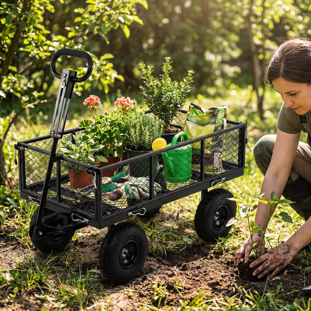 Goplus 880lbs Heavy Duty Garden Cart, Metal Utility Wagon Cart with Removable Oxford Cloth Liner & Mesh Sides, 10" Pneumatic Tires, 180° Rotating Handle for Yard, Lawn