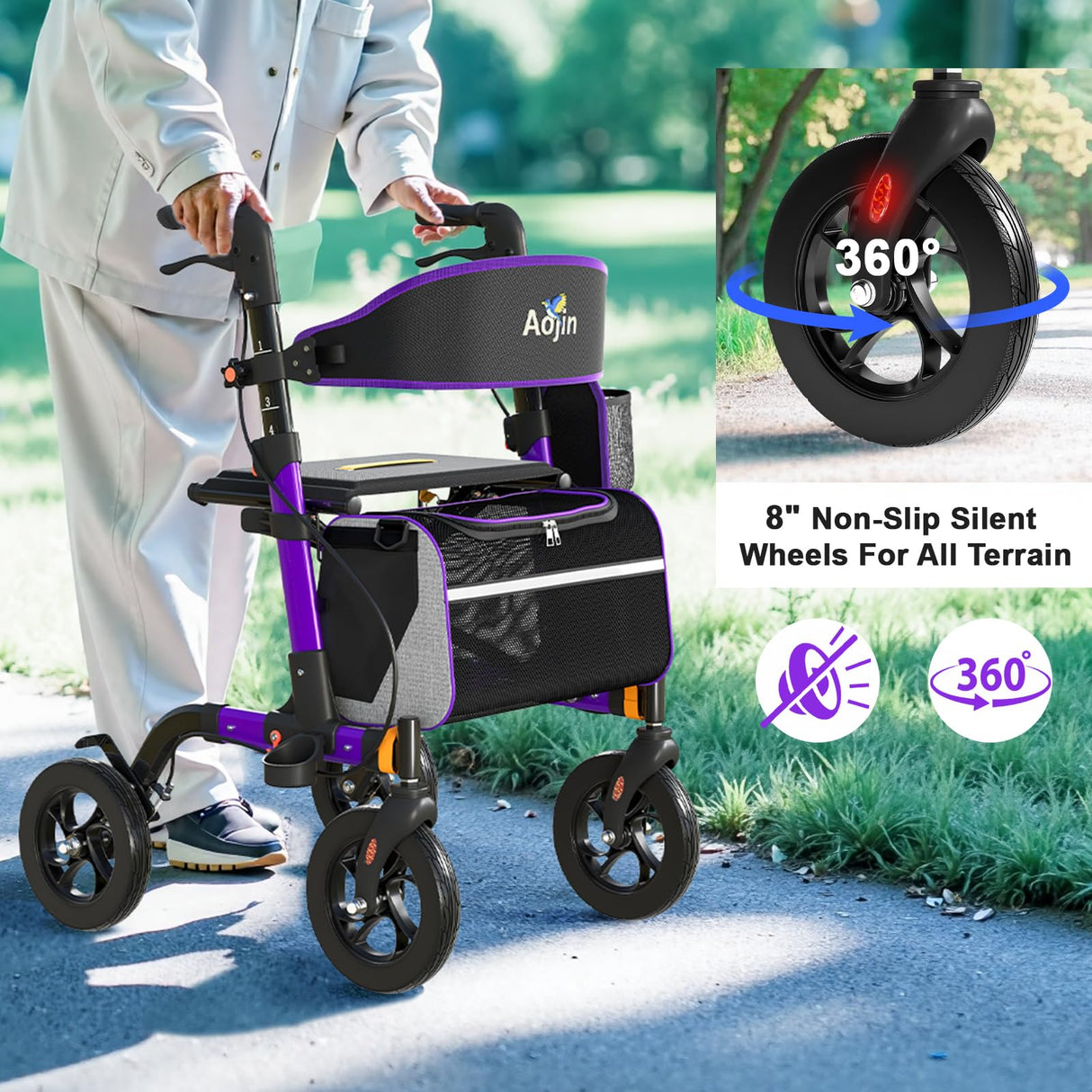 Walkers for Seniors, Rollator Walker with Seat, 350 lb Weight Capacity, 18" Big Seat, 8" All-Terrain Wheels, 6-Level Adjustable Height, Lightweight Aluminum Frame Rollator Walkers for Seniors (Purple)