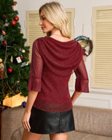 Lotusmile Sparkly Christmas Tops for Women: Womens Blouses Dressy Casual - 3/4 Sleeve Blouses Cowl Neck Shirts for Women Wedding Guest Dressy - Mesh Festive Red Women's Clothing Christmas Party Red XL