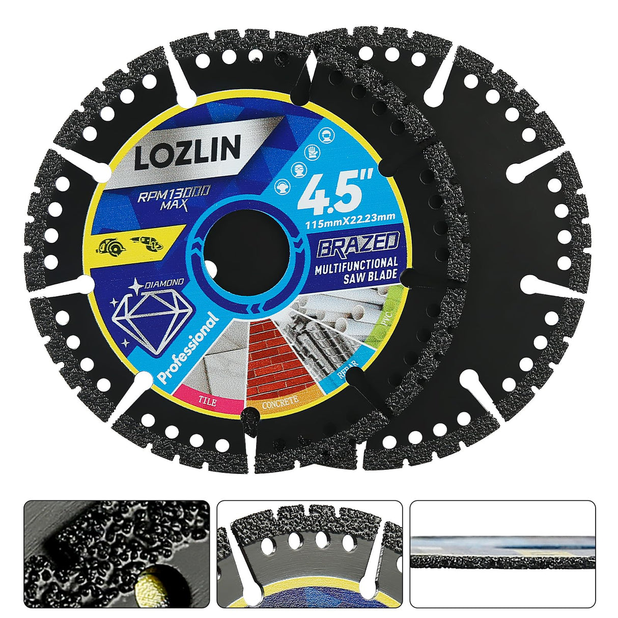 LOZLIN Diamond Blades 3-Pack 4.5" Diamond Multi-Purpose Saw Blades - Heavy Duty Angle Grinder Discs for Cutting Marble/Quartz/Stone/Tile/Metal/Plastic (Black Teeth)